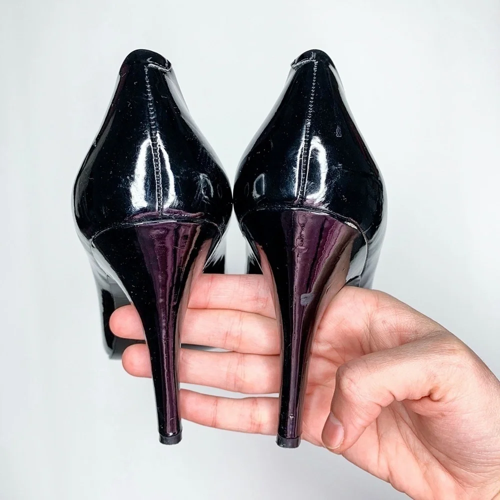 Nine West PAIGE0 Black Pumps Heels Almond Toe Shiny 9.5M Women Dressy